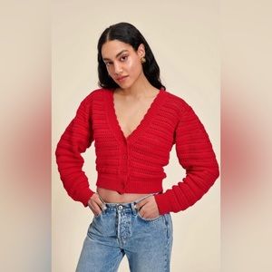 🇫🇷 NWT Rouje Adelie Red Knit Crochet Cropper Cardigan